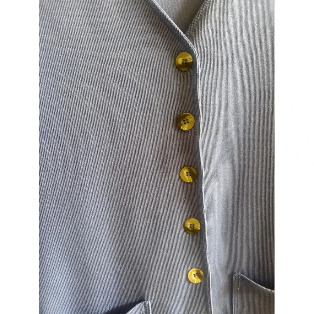 Vintage Express Tricot Cardigan Sweater Blue Ribbed Knit Button Front Pockets XS